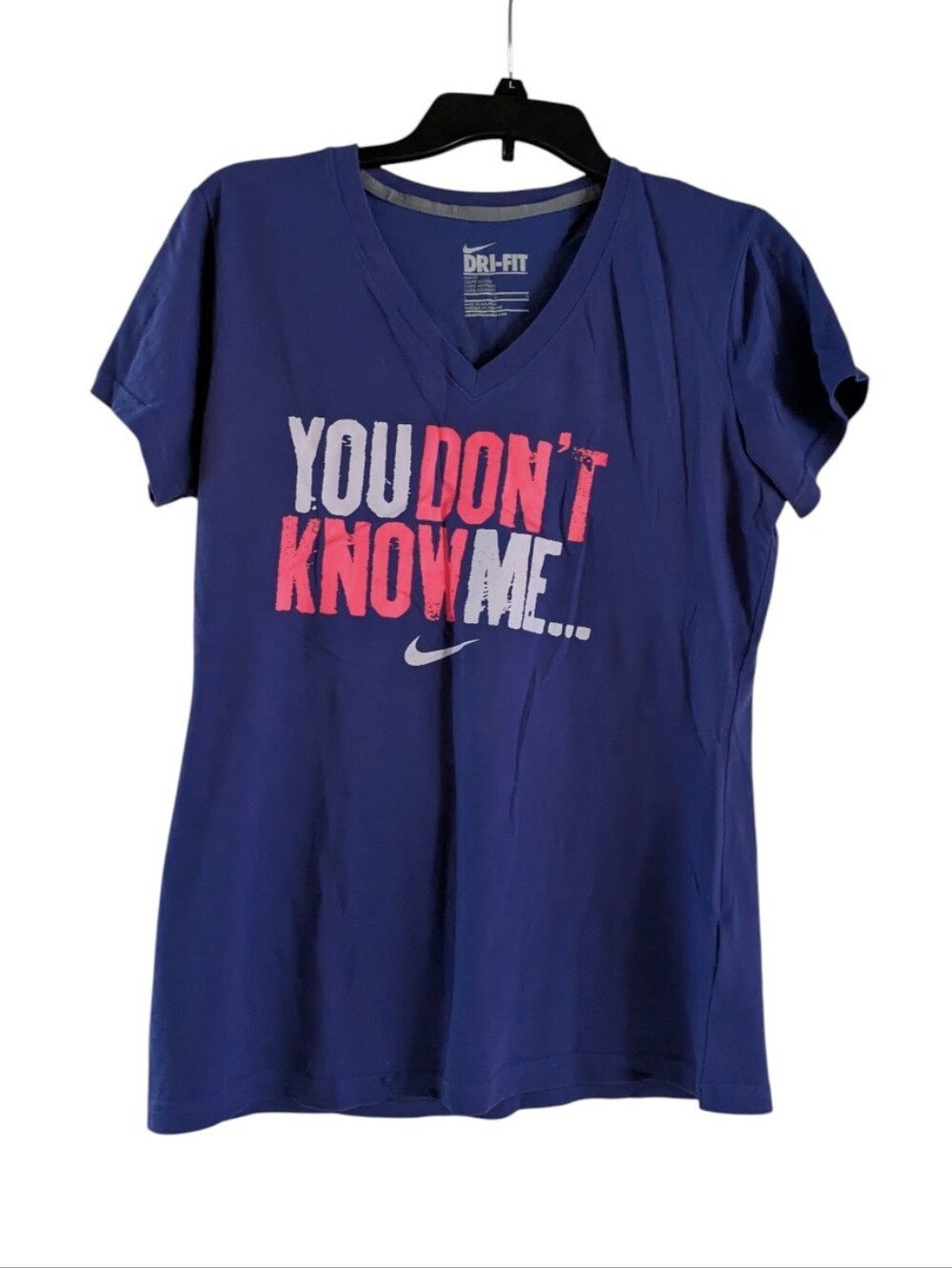 NWOT Nike Dri-FIT V-Neck Tee in Navy with Pink & White Graphic Size L